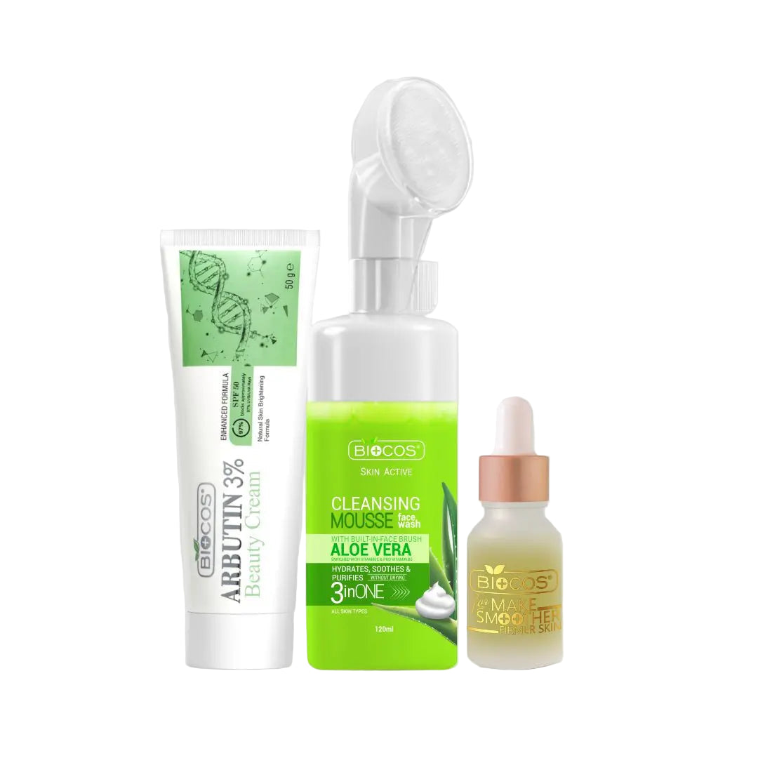 Aloe Vera Complete Care Kit | Arbutin 3% Beauty Cream, Aloe Vera Cleansing Mousse, & Smooth Skin Serum – Hydrating, Brightening, Nourishing, and Restoring Soft, Radiant Skin