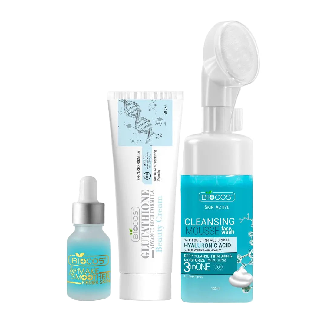 Brightening Essentials Kit | Glutathione Beauty Cream, Acne-Fighting Mousse & Hydrating Multi-Serum – Brighten, Clear, and Hydrate Your Skin for a Radiant, Even Complexion