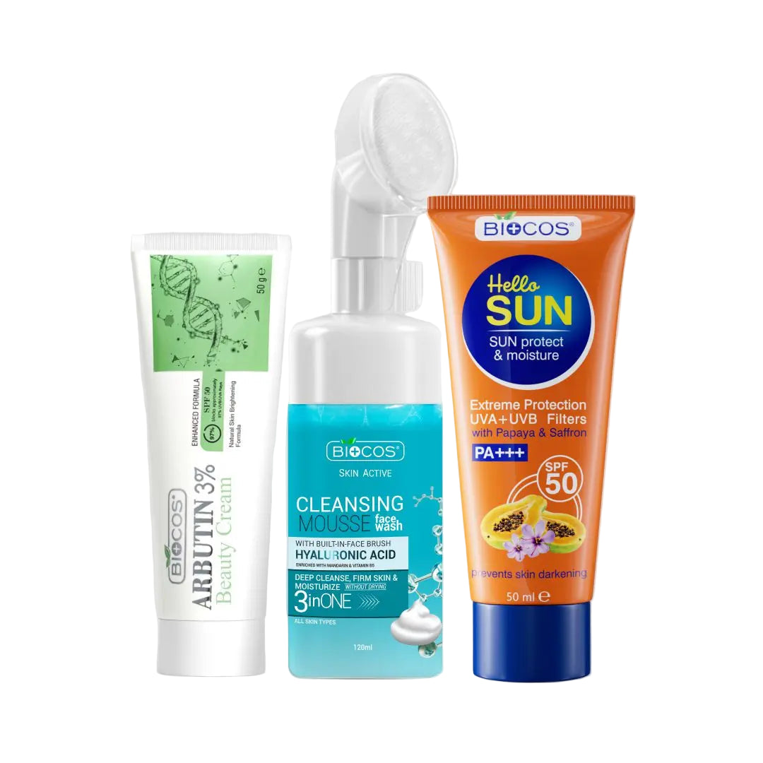 Pigmentation Pro Solution Kit | Arbutin 3% Beauty Cream, Hyaluronic FaceWash Mousse & Sun Block – Brightening, Hydrating, and Protecting for Even Skin Tone & Radiant Complexion