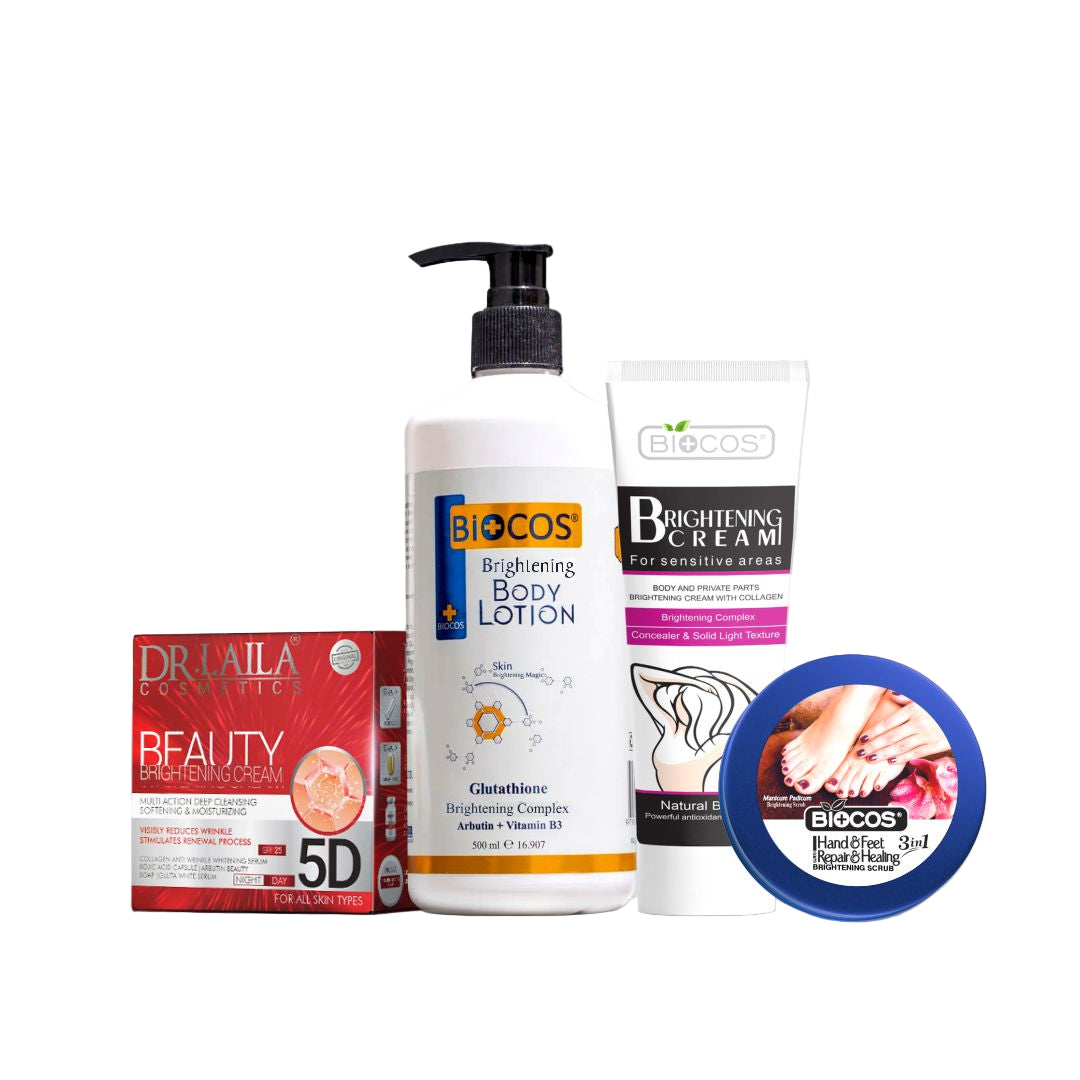 Complete Brightening Bundle | Dr. Laila 5-in-1, Whitening Body Lotion 500ml, Brightening Cream for Sensitive Areas,Hand & Feet Scrub