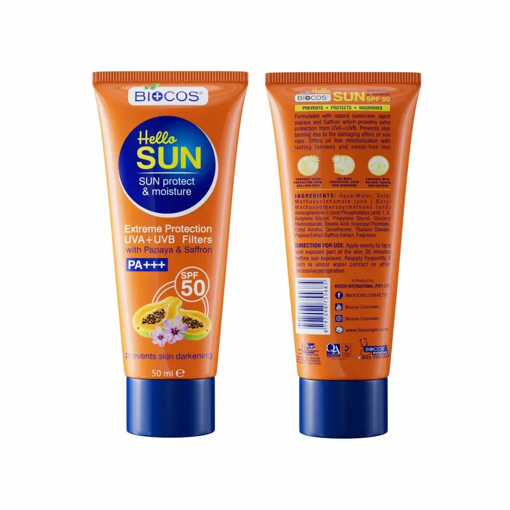 Sun Protection & Moisture Cream SPF 50 | Non-Comedogenic Sunscreen for Sensitive Skin | Aloe Vera, Papaya, Vitamin E, & Saffron for Hydration & UVA/UVB Protection - 50gm