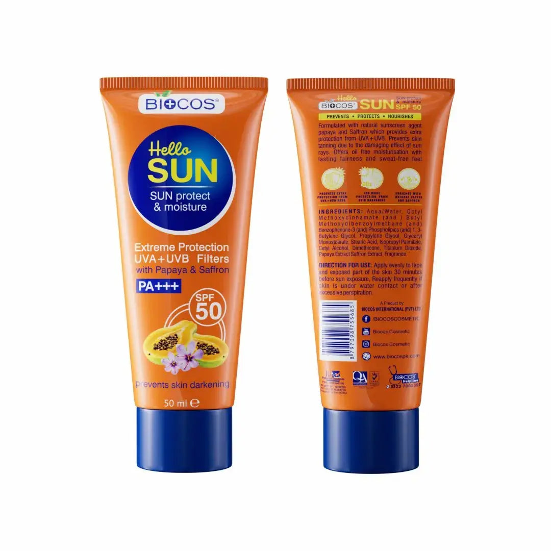 Sun Protection & Moisture Cream SPF 50 | Non-Comedogenic Sunscreen for Sensitive Skin | Aloe Vera, Papaya, Vitamin E, & Saffron for Hydration & UVA/UVB Protection - 50gm