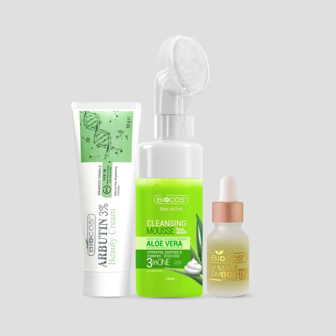 Aloe Vera Complete Care Kit | Arbutin 3% Beauty Cream, Aloe Vera Cleansing Mousse, & Smooth Skin Serum – Hydrating, Brightening, Nourishing, and Restoring Soft, Radiant Skin