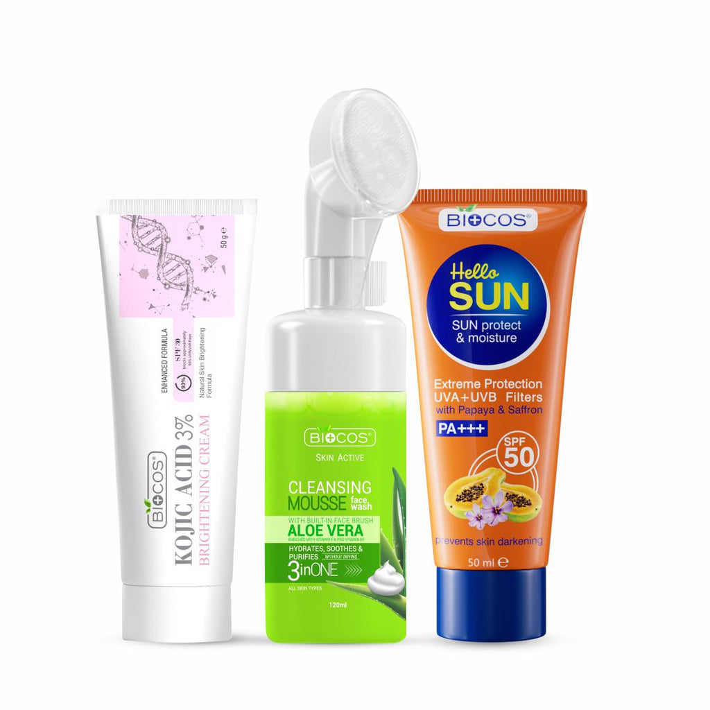 Brightening Boost Bundle | Sun Protection & Moisture Cream SPF 50, Kojic Acid Cream for Dark Spots & Hyperpigmentation, Aloe Vera Face Wash Mousse – Protect, Brighten, and Refresh Skin