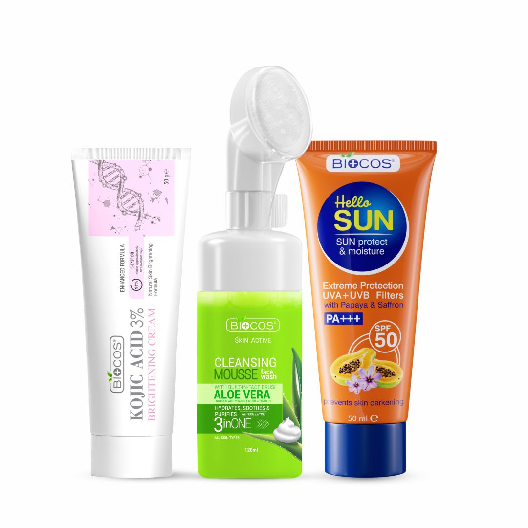 Brightening Boost Bundle | Sun Protection & Moisture Cream SPF 50, Kojic Acid Cream for Dark Spots & Hyperpigmentation, Aloe Vera Face Wash Mousse – Protect, Brighten, and Refresh Skin