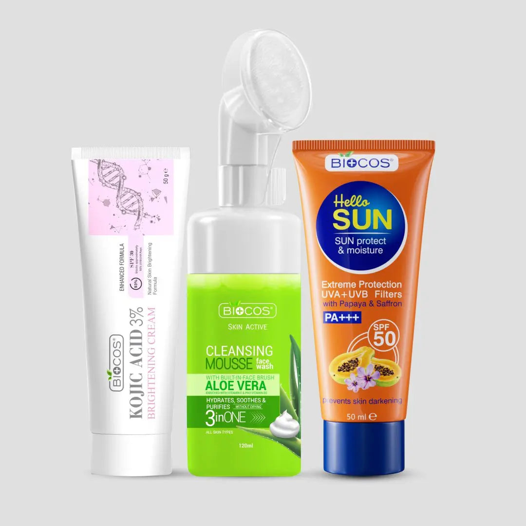 Brightening Boost Bundle | Sun Protection & Moisture Cream SPF 50, Kojic Acid Cream for Dark Spots & Hyperpigmentation, Aloe Vera Face Wash Mousse – Protect, Brighten, and Refresh Skin