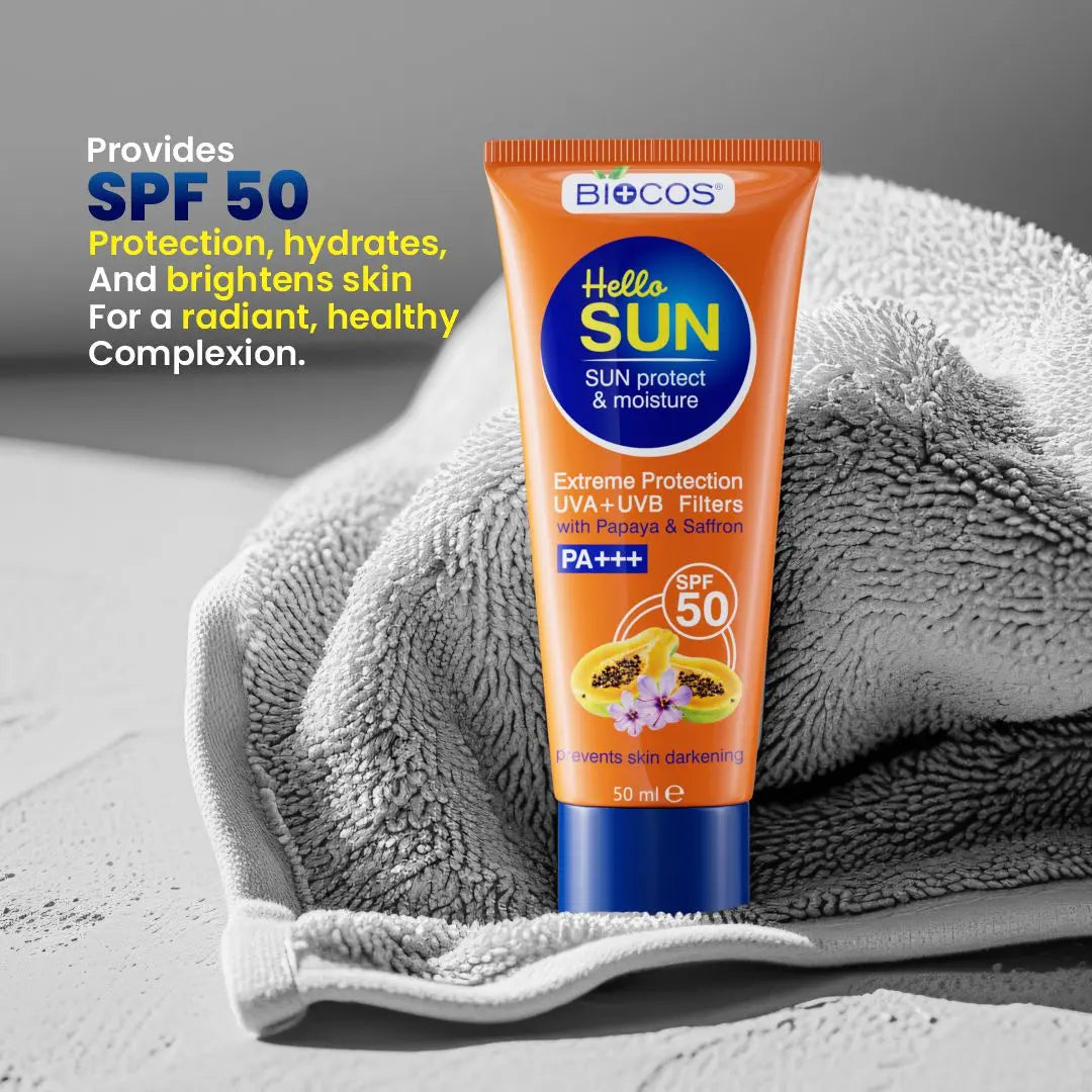 Sun Protection & Moisture Cream SPF 50 | Non-Comedogenic Sunscreen for Sensitive Skin | Aloe Vera, Papaya, Vitamin E, & Saffron for Hydration & UVA/UVB Protection - 50gm