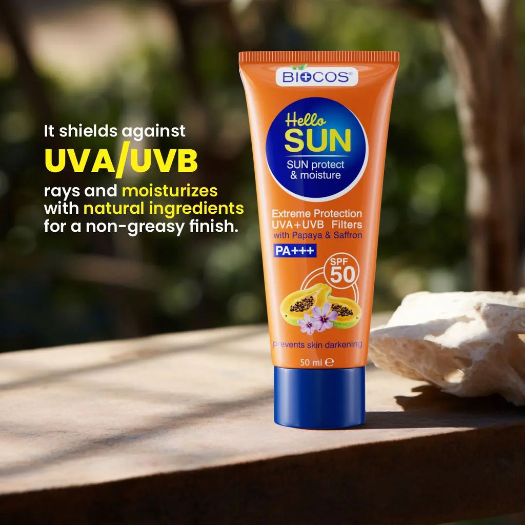 Sun Protection & Moisture Cream SPF 50 | Non-Comedogenic Sunscreen for Sensitive Skin | Aloe Vera, Papaya, Vitamin E, & Saffron for Hydration & UVA/UVB Protection - 50gm