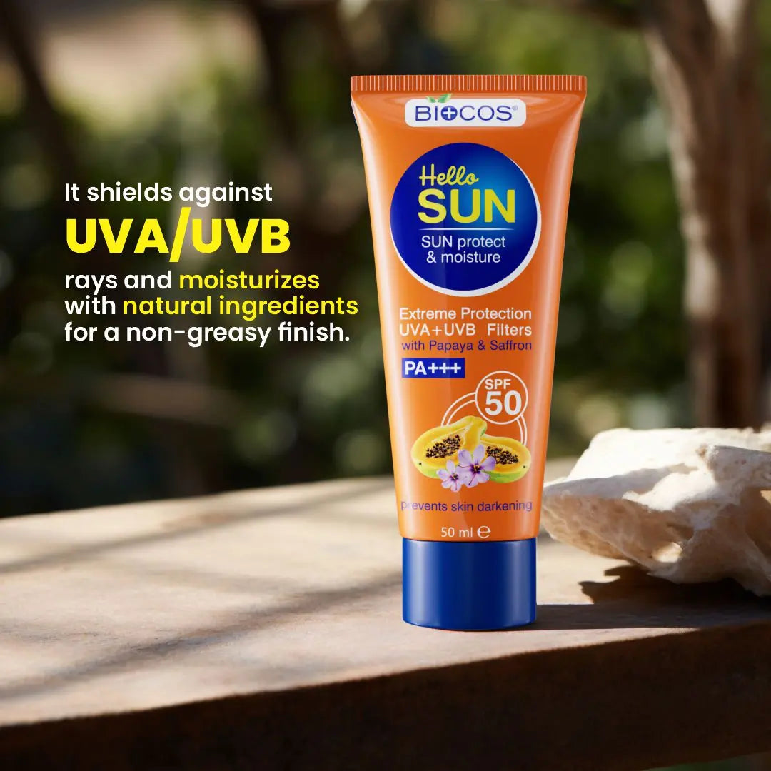 Sun Protection & Moisture Cream SPF 50 | Non-Comedogenic Sunscreen for Sensitive Skin | Aloe Vera, Papaya, Vitamin E, & Saffron for Hydration & UVA/UVB Protection - 50gm