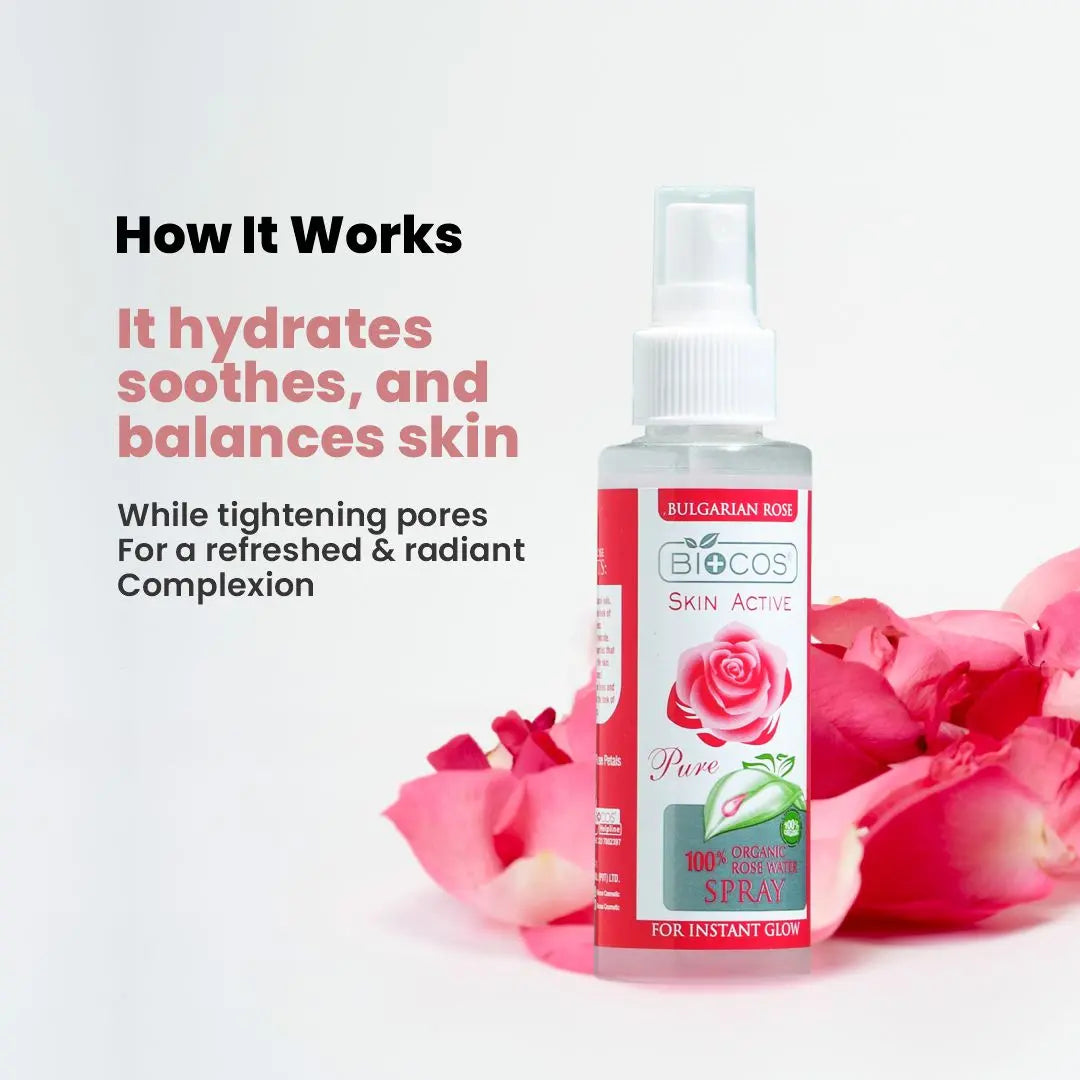 Organic Rose Water Spray – Hydrating Facial Toner - Natural pH Balance, Reduces Redness, Tightens Pores, Revitalizes & Soothes Sensitive Skin - 120ml