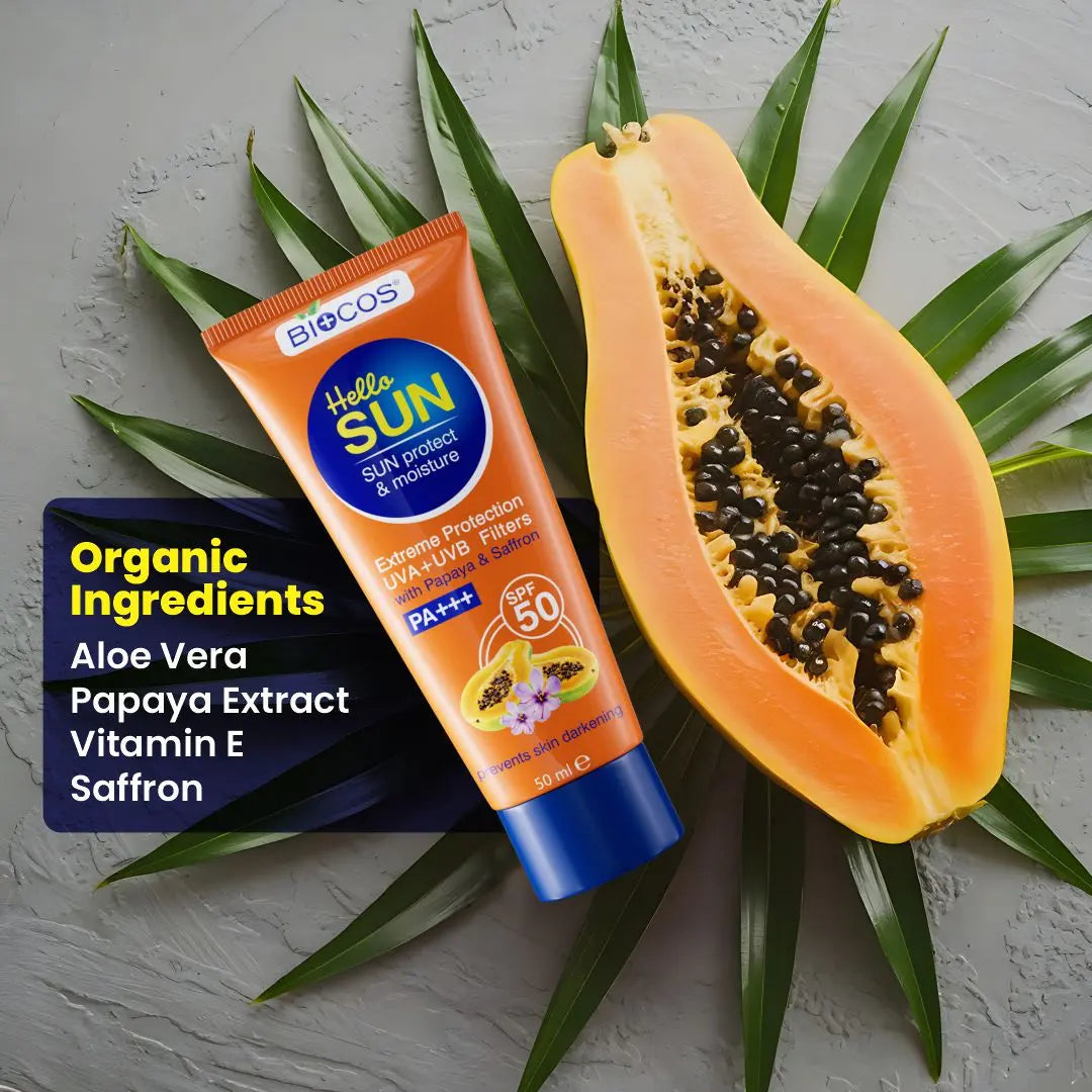 Sun Protection & Moisture Cream SPF 50 | Non-Comedogenic Sunscreen for Sensitive Skin | Aloe Vera, Papaya, Vitamin E, & Saffron for Hydration & UVA/UVB Protection - 50gm