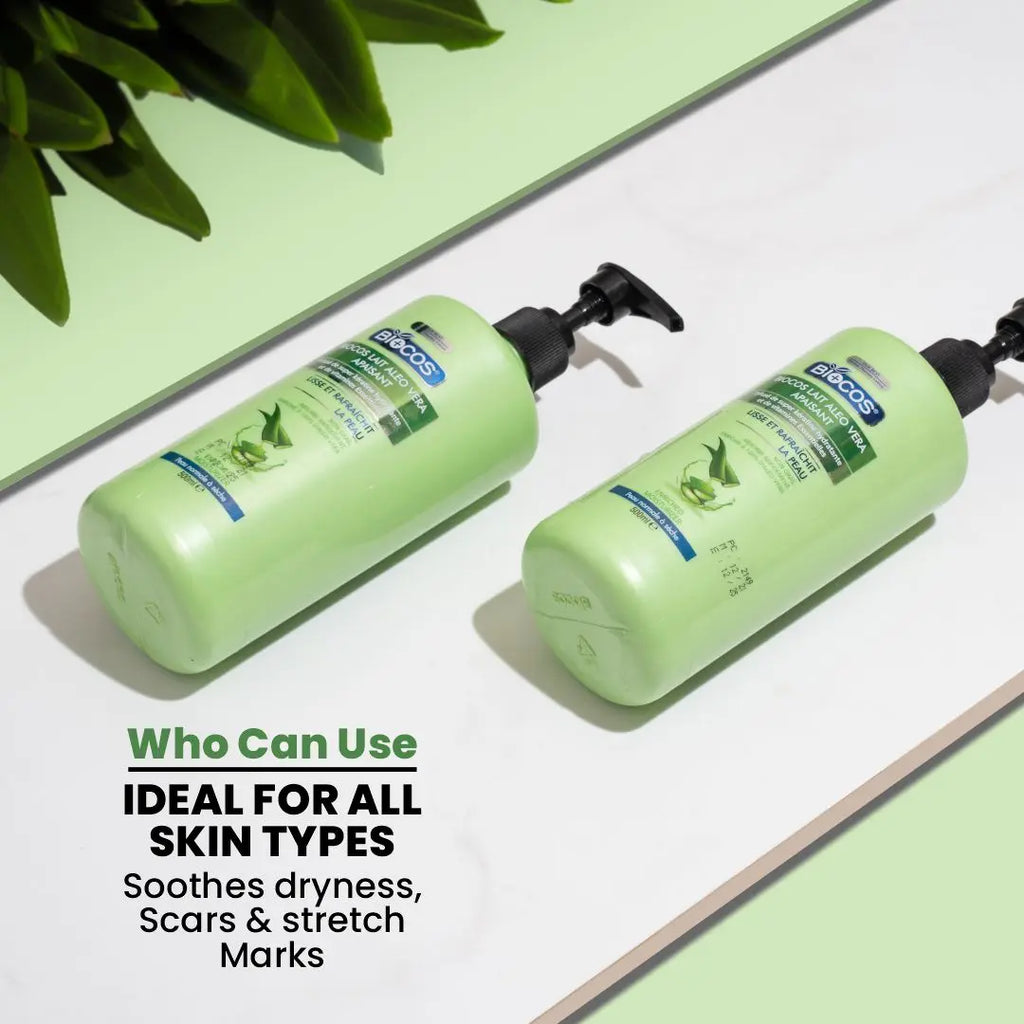Aloe Vera Body Lotion – Nourishes, Soothes & Restores Dry, Damaged Skin with Aloe Barbadensis Juice, Cucumber Extract for Stretch Marks, Scars & Sunburn Relief 500ml/1000ml