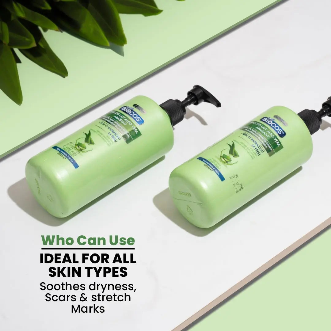 Aloe Vera Body Lotion – Nourishes, Soothes & Restores Dry, Damaged Skin with Aloe Barbadensis Juice, Cucumber Extract for Stretch Marks, Scars & Sunburn Relief 500ml/1000ml