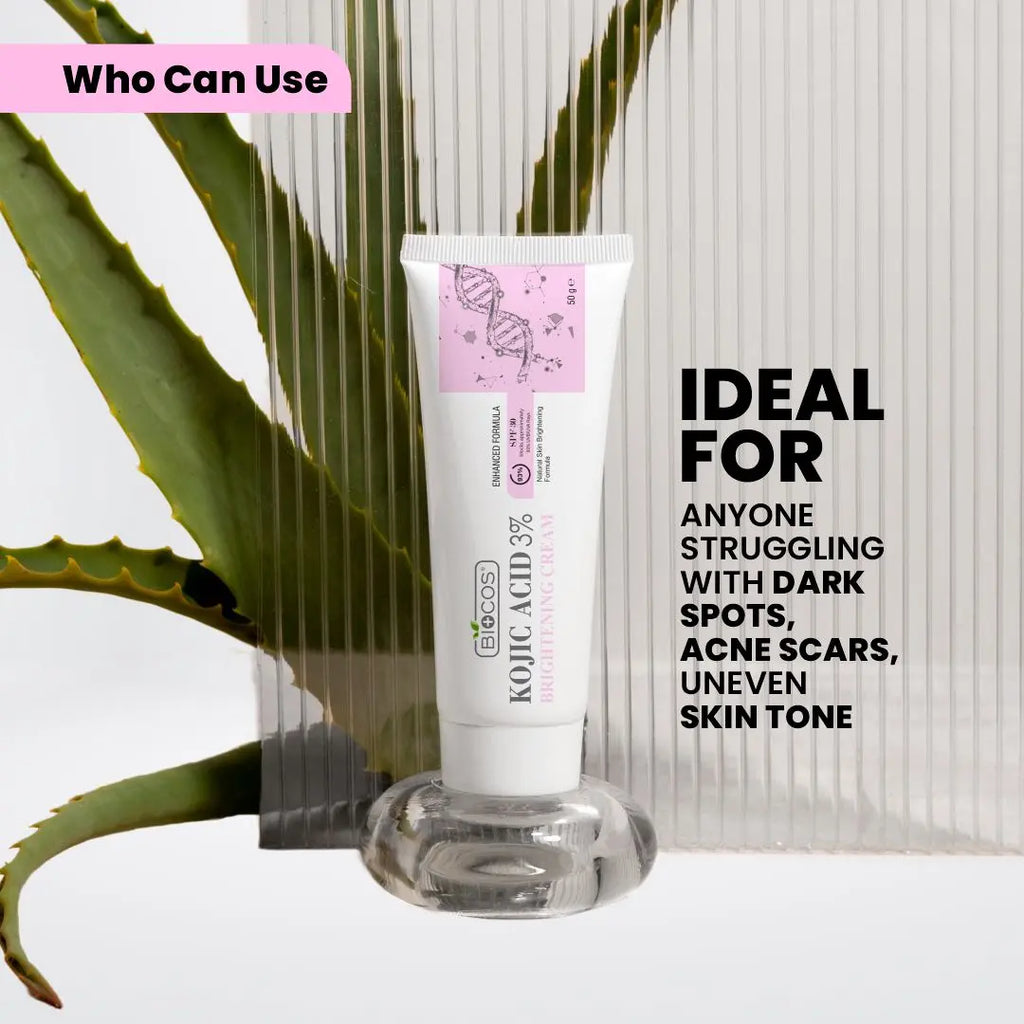 Kojic Acid Cream for Dark Spots & Hyperpigmentation | Skin Brightening & Acne Scar Removal | Enriched with Glycolic Acid, Aloe Vera & Vitamin B5 - 50gm