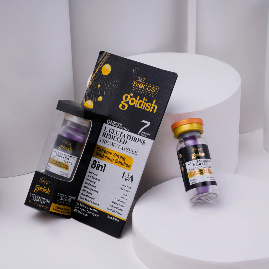 Goldish Creamy Capsule - 8-in-1 Skin Brightening & Anti-Aging Formula, Reduces Melasma, Dark Spots, & Pore Size - L-Glutathione, Kojic Acid, Niacinamide, Alpha-Melight for Radiant Skin - Pack of 2 ,5ml