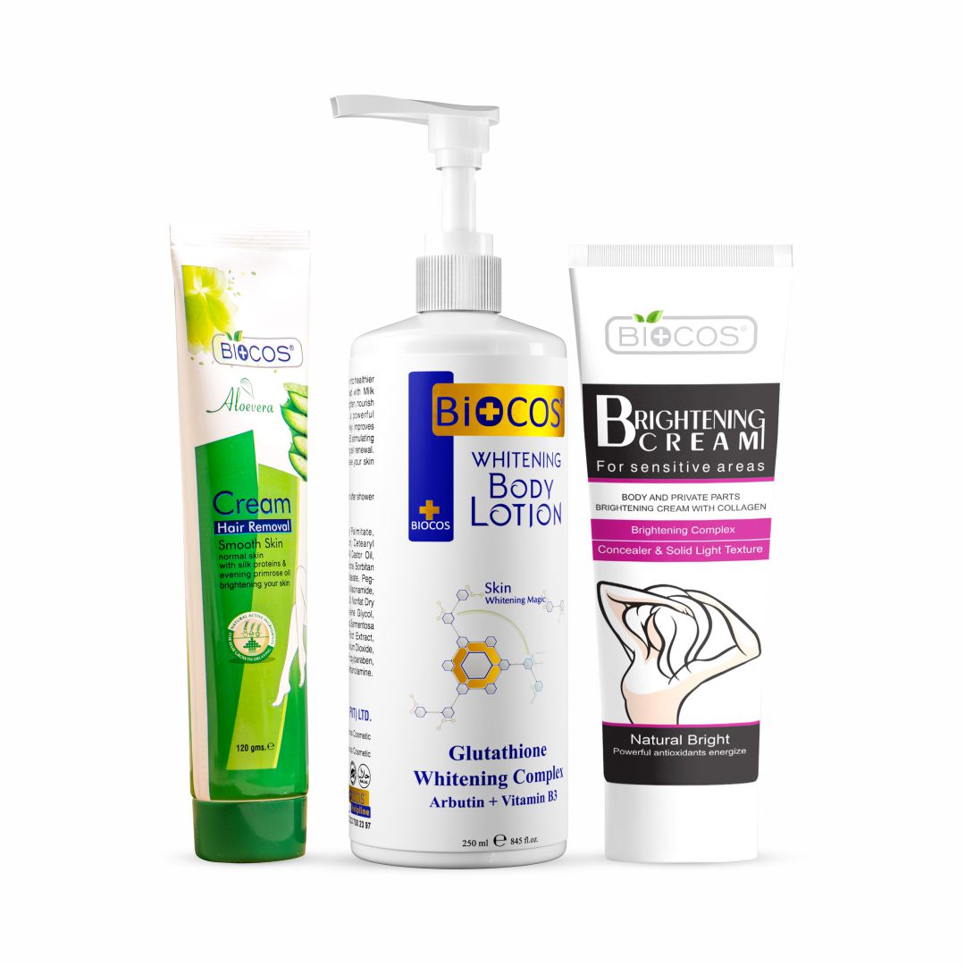 Women Care Essentials Pack | Whitening Cream for Sensitive Areas, Aloe Vera Hair Removal Cream & Brightening Body Lotion – Smooth, Brighten, Nourish, and Protect Your Skin with Care
