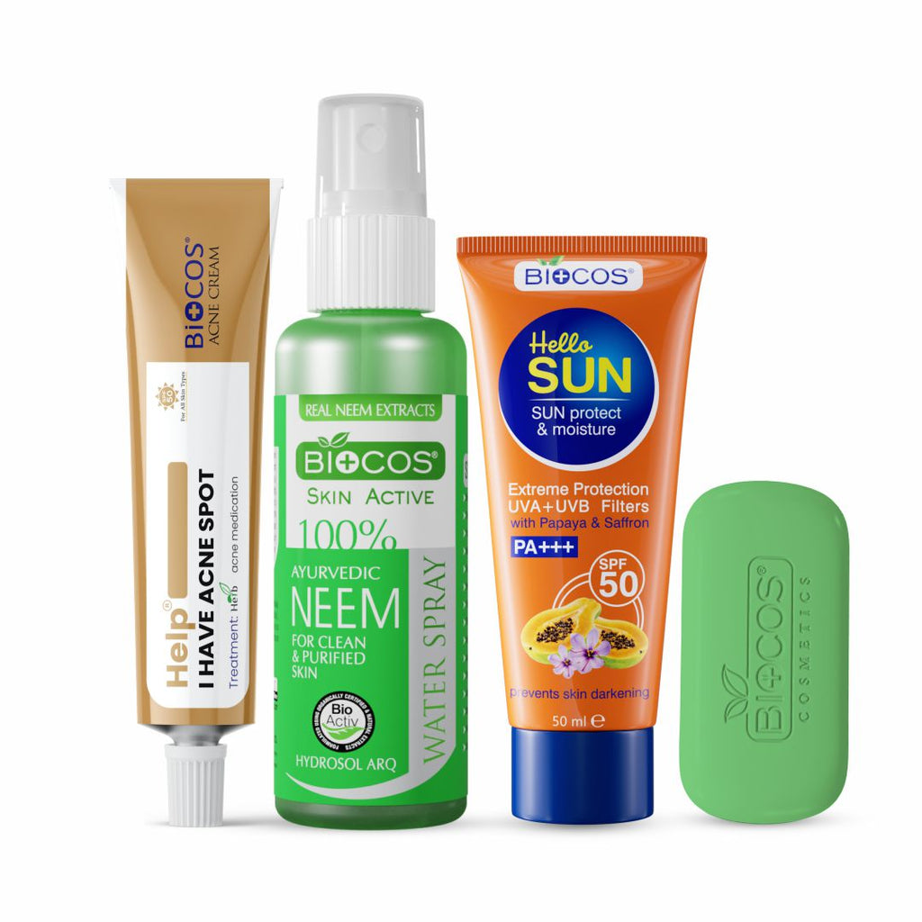 Acne Care Kit | Anti Acne Cream, Neem Spray, Neem Soap, and Sun Block – for a Smooth, Acne-Free Skin