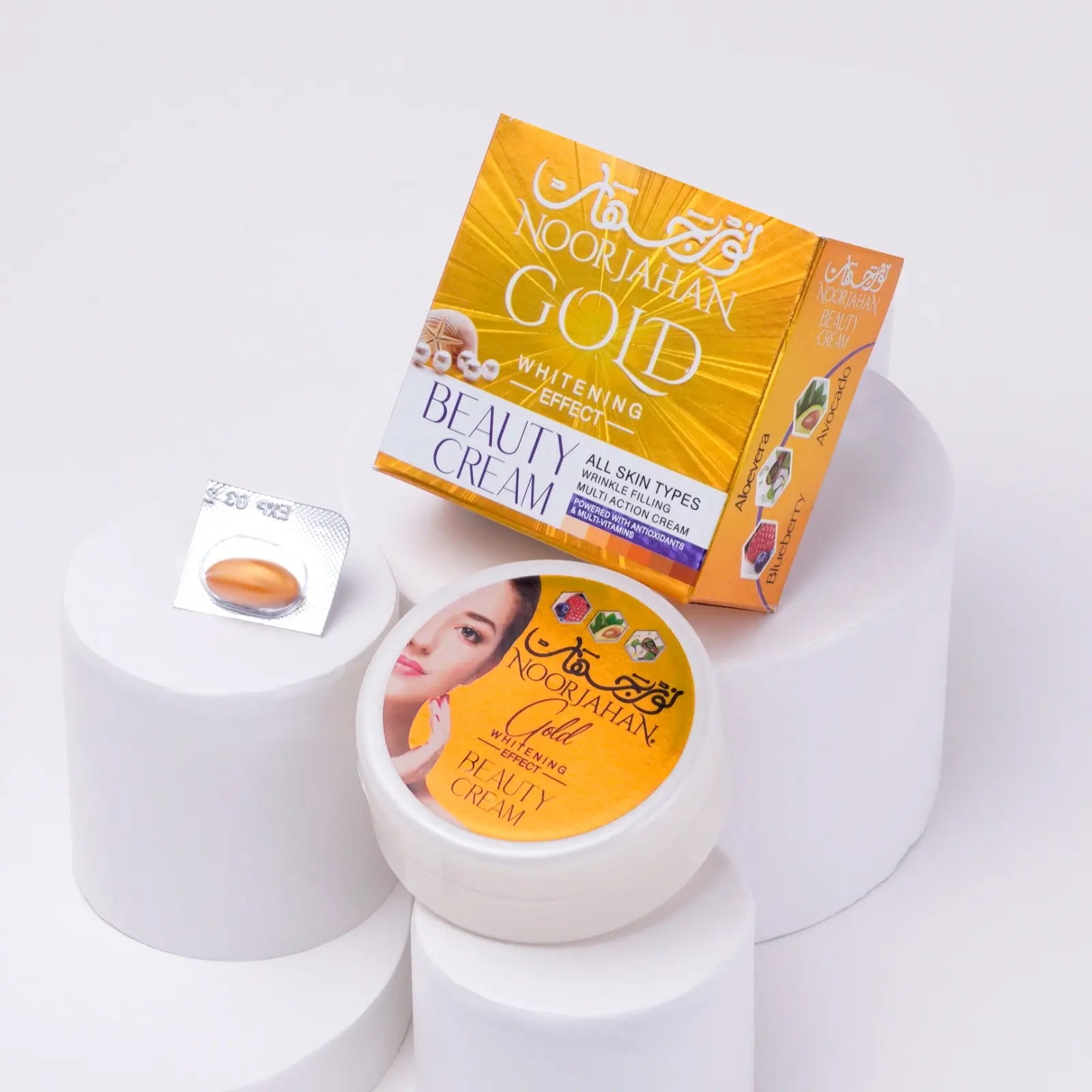 Noor Jahan Gold Cream – Lightens Dark Circles, Reduces Wrinkles & Freckles, Brightens Skin with Kojic Acid, Aloe Vera, Avocado & Vitamin A – Paraben-Free - 16gm