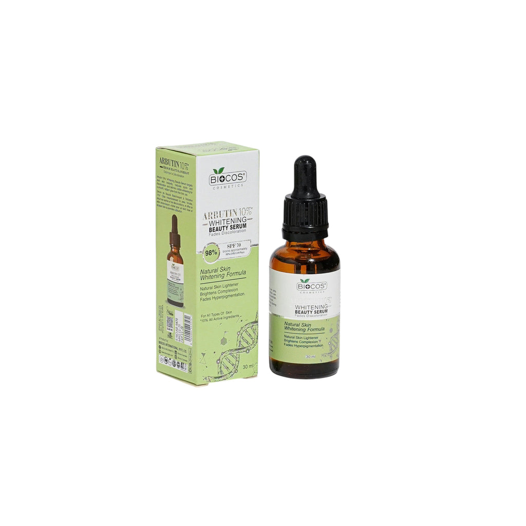 BIOCOS Cosmetics Arbutin 10% Whitening Beauty Serum bottle and packaging box for brightening and sun protection