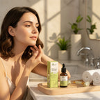 BIOCOS Cosmetics Arbutin Whitening Beauty Serum bottle and box on a wooden tray with a woman in a bright bathroom