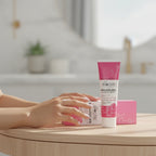 BIOCOS Cosmetics knuckles whitening cream tube and box on a wooden table with hands applying the product