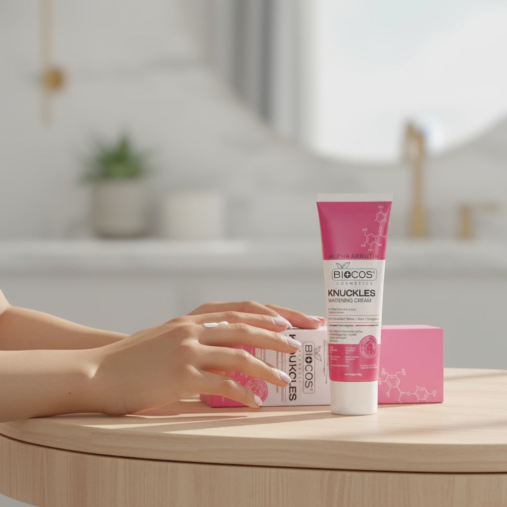 BIOCOS Cosmetics knuckles whitening cream tube and box on a wooden table with hands applying the product