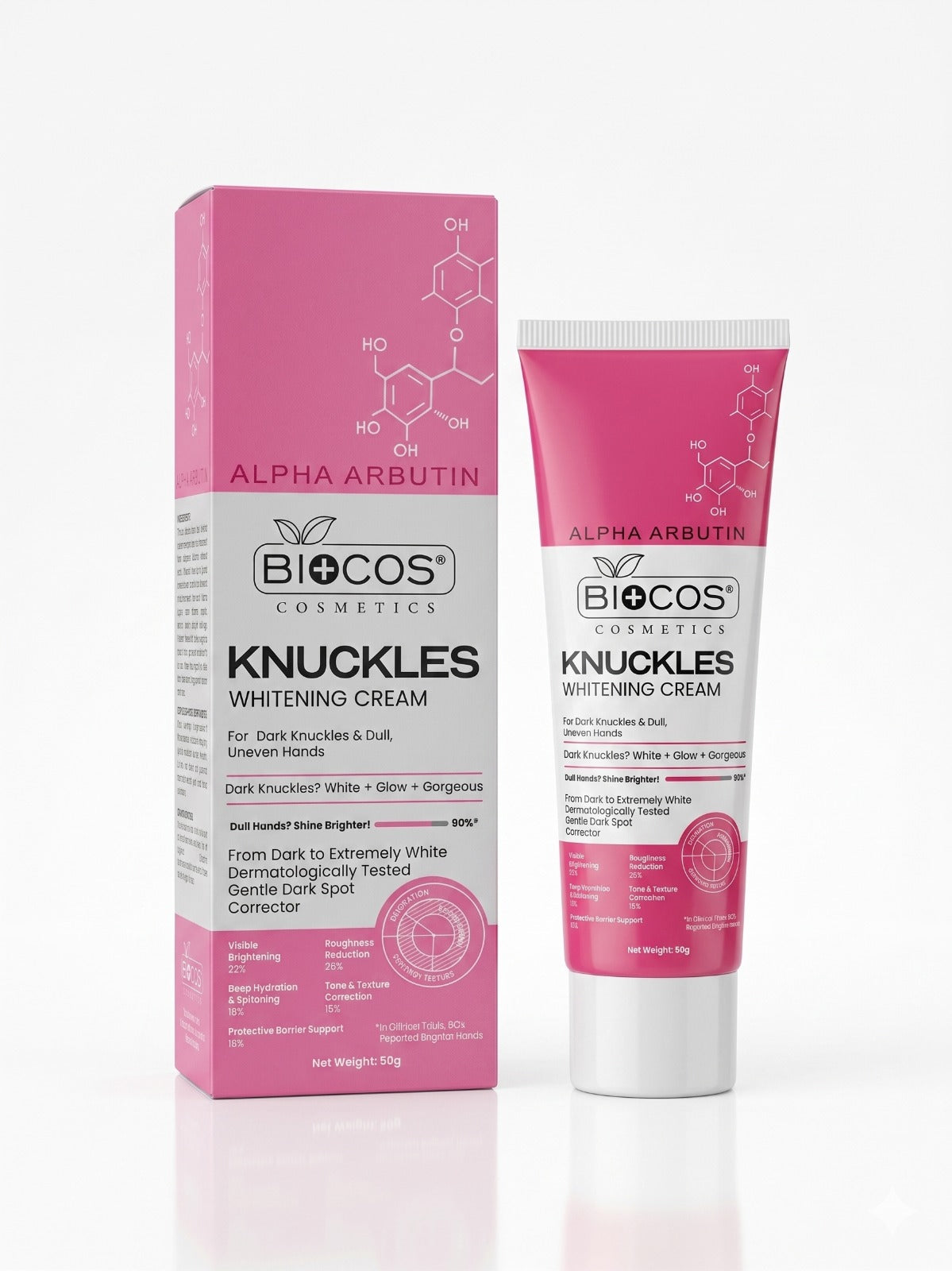 BIOCOS Cosmetics knuckles whitening cream tube and box with alpha arbutin for dark and uneven skin tones