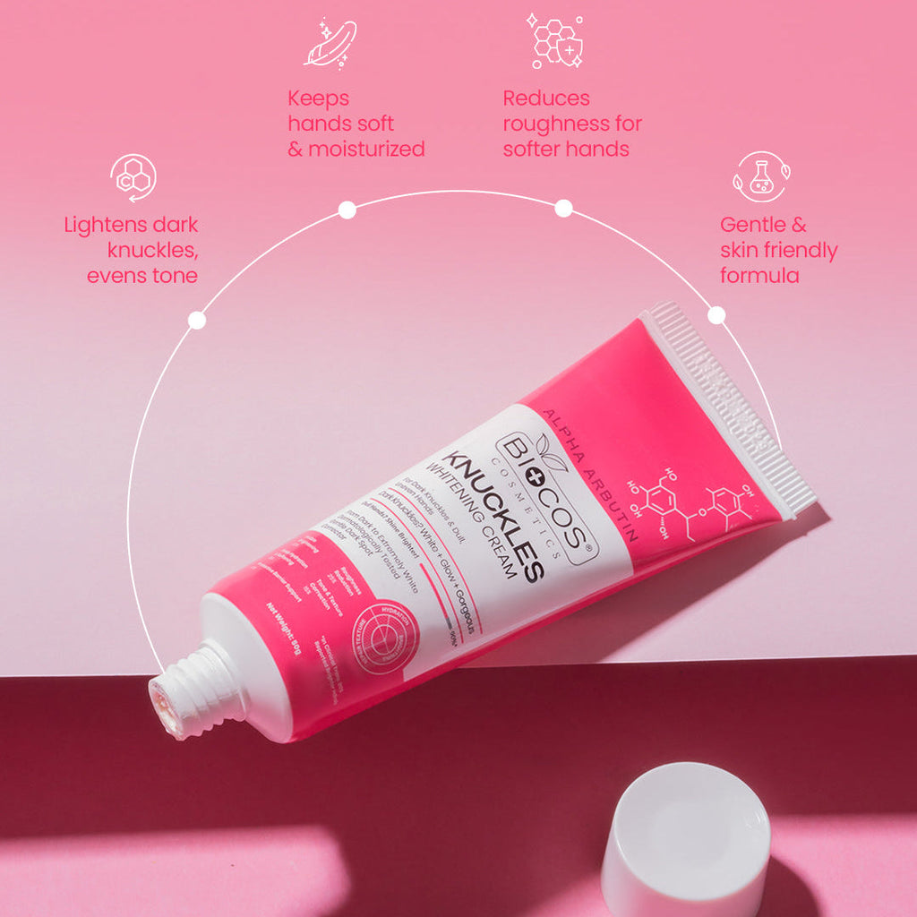 BIOCOS Cosmetics Knuckles Whitening Cream tube with Alpha Arbutin and Vitamin C for dark spots and soft hands