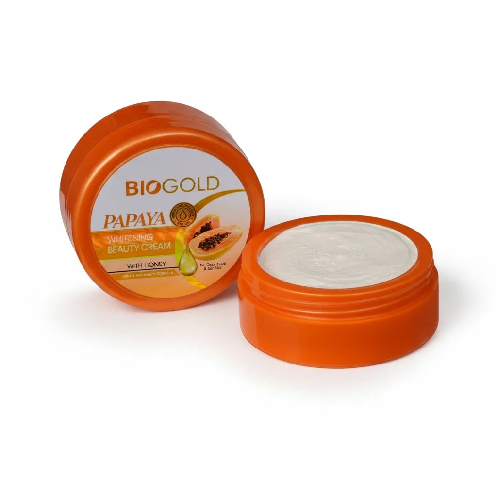 BIOCOS Cosmetics BIOGOLD Papaya Whitening Cream with Honey in an orange jar for dark spot reduction and skin brightening