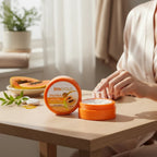 BIOCOS Cosmetics BIOGOLD papaya whitening cream with honey in an orange jar on a wooden table with fresh papaya slices