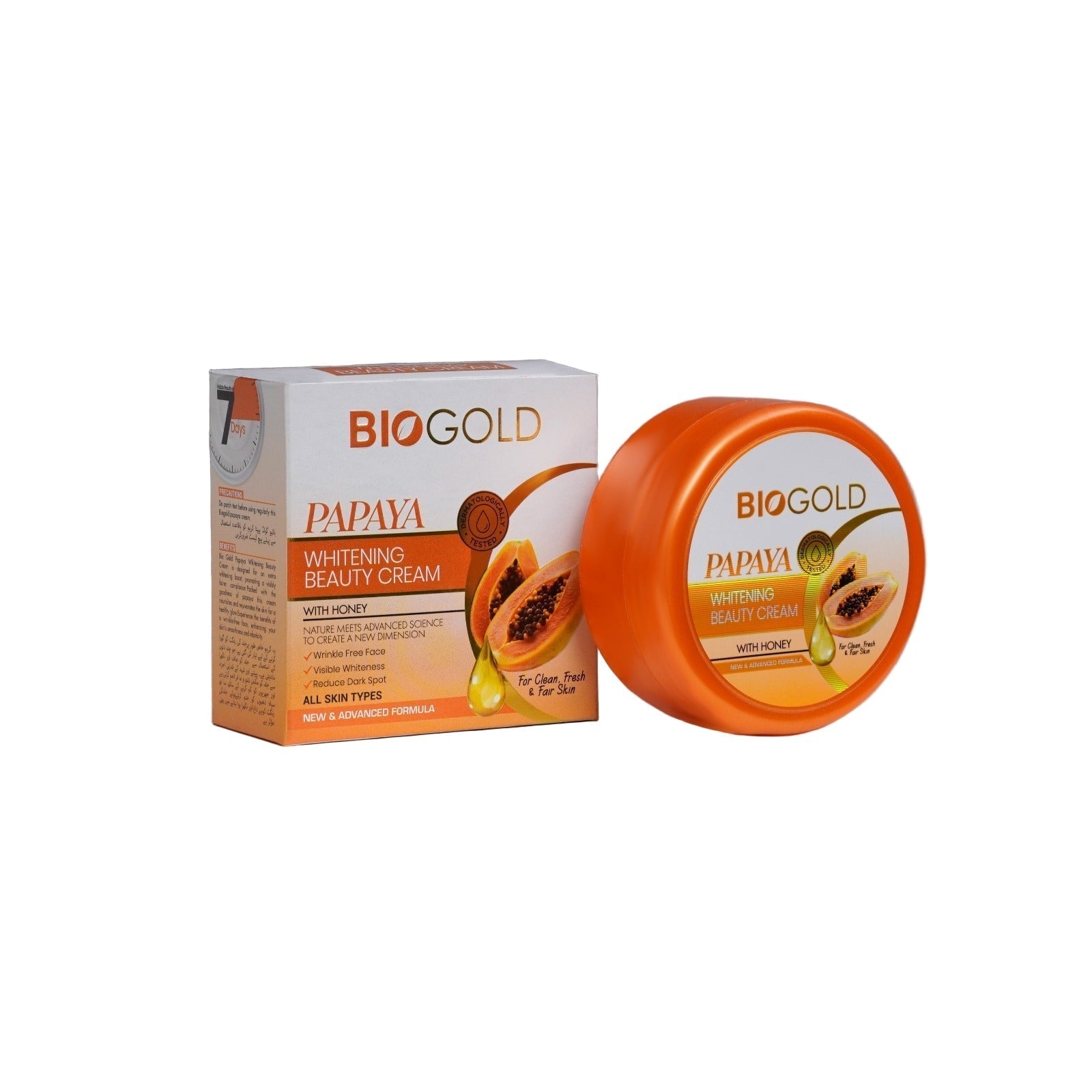 BIOCOS Cosmetics BIOGOLD Papaya Whitening Cream with Honey in a jar and box for dark spot reduction and skin brightening
