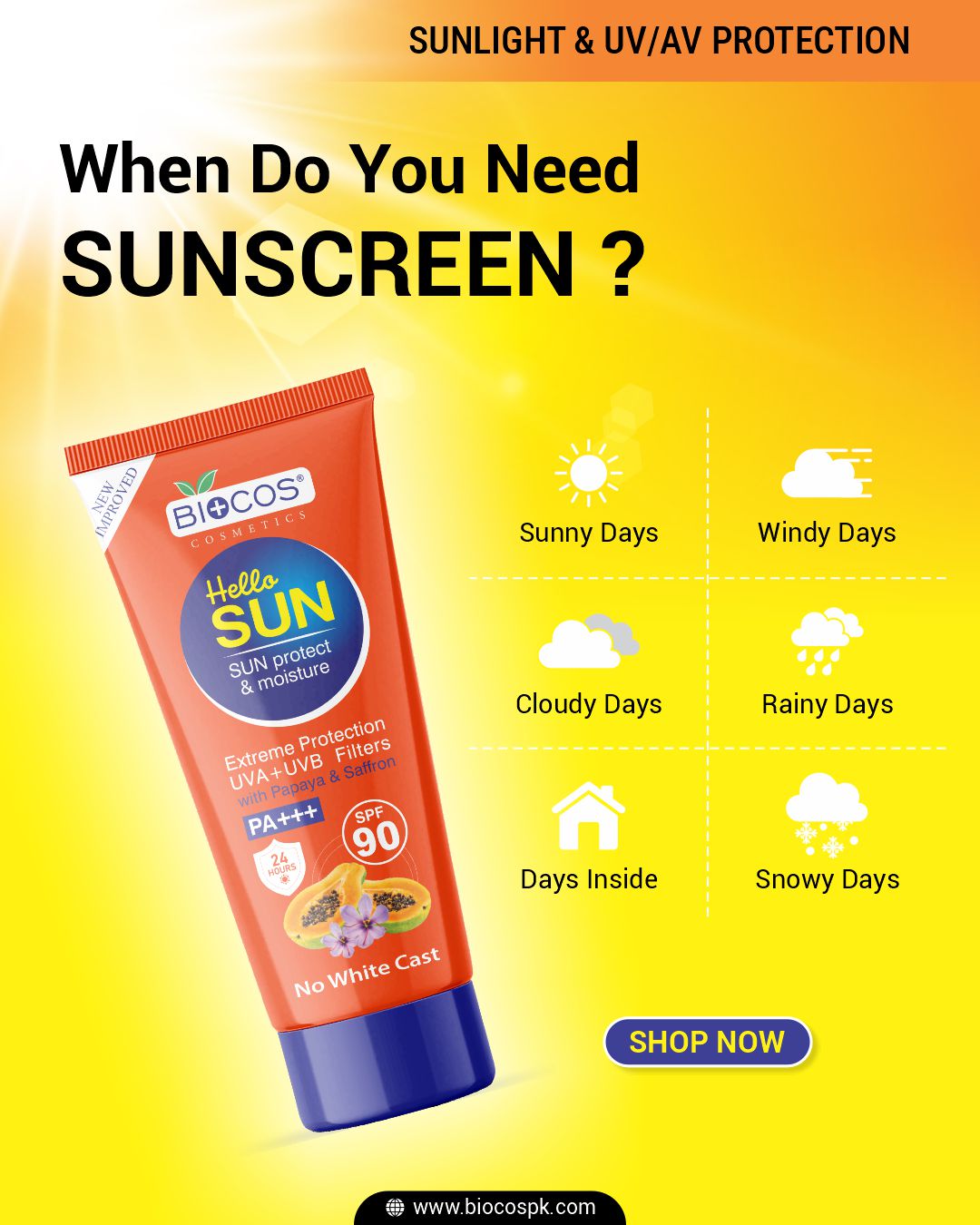 BIOCOS Cosmetics Hello Sun SPF 90 sunscreen tube with papaya and saffron extracts for all-weather UV protection