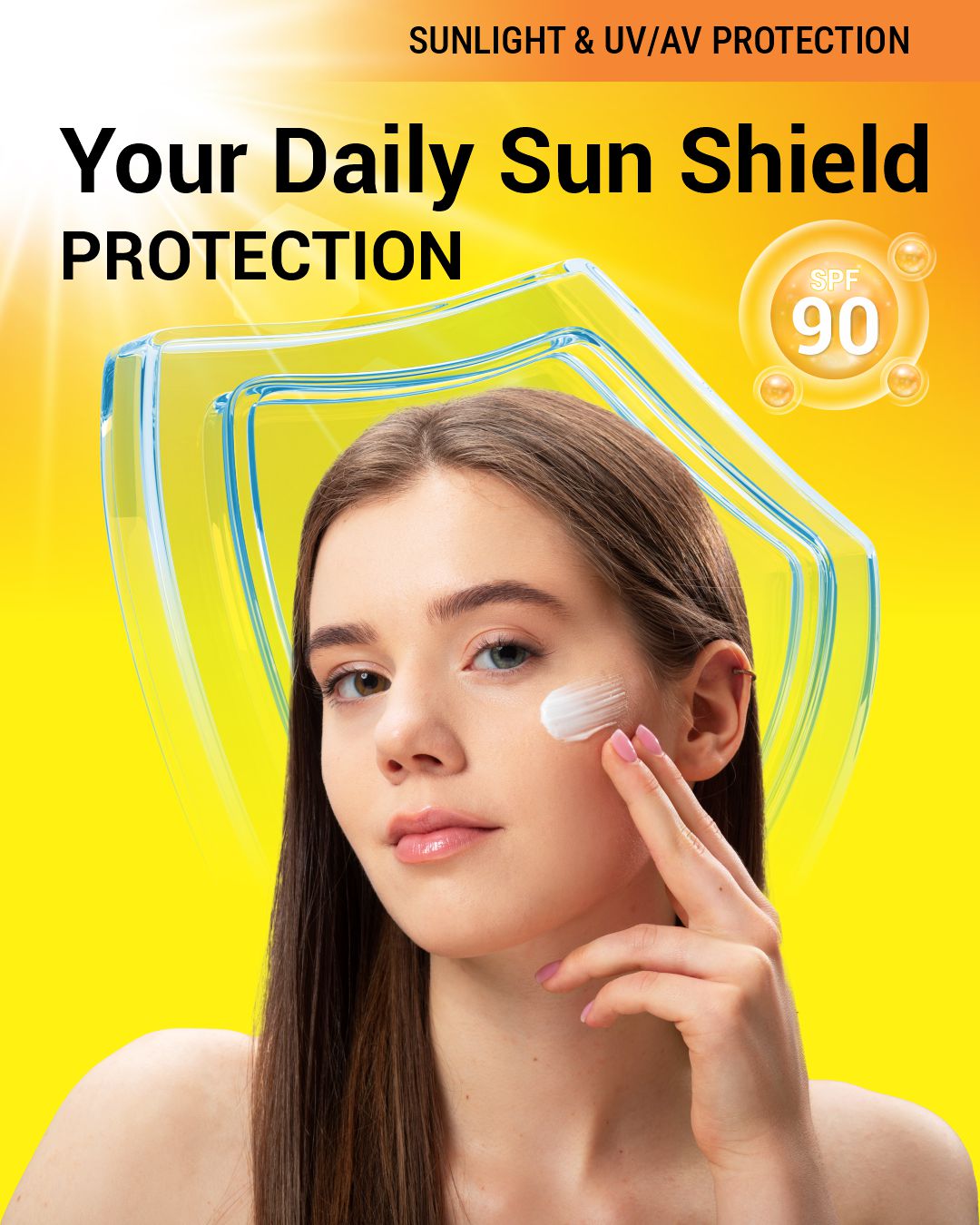 BIOCOS Cosmetics Hello Sun SPF 90 sunscreen applied to a young woman's cheek against a bright yellow background