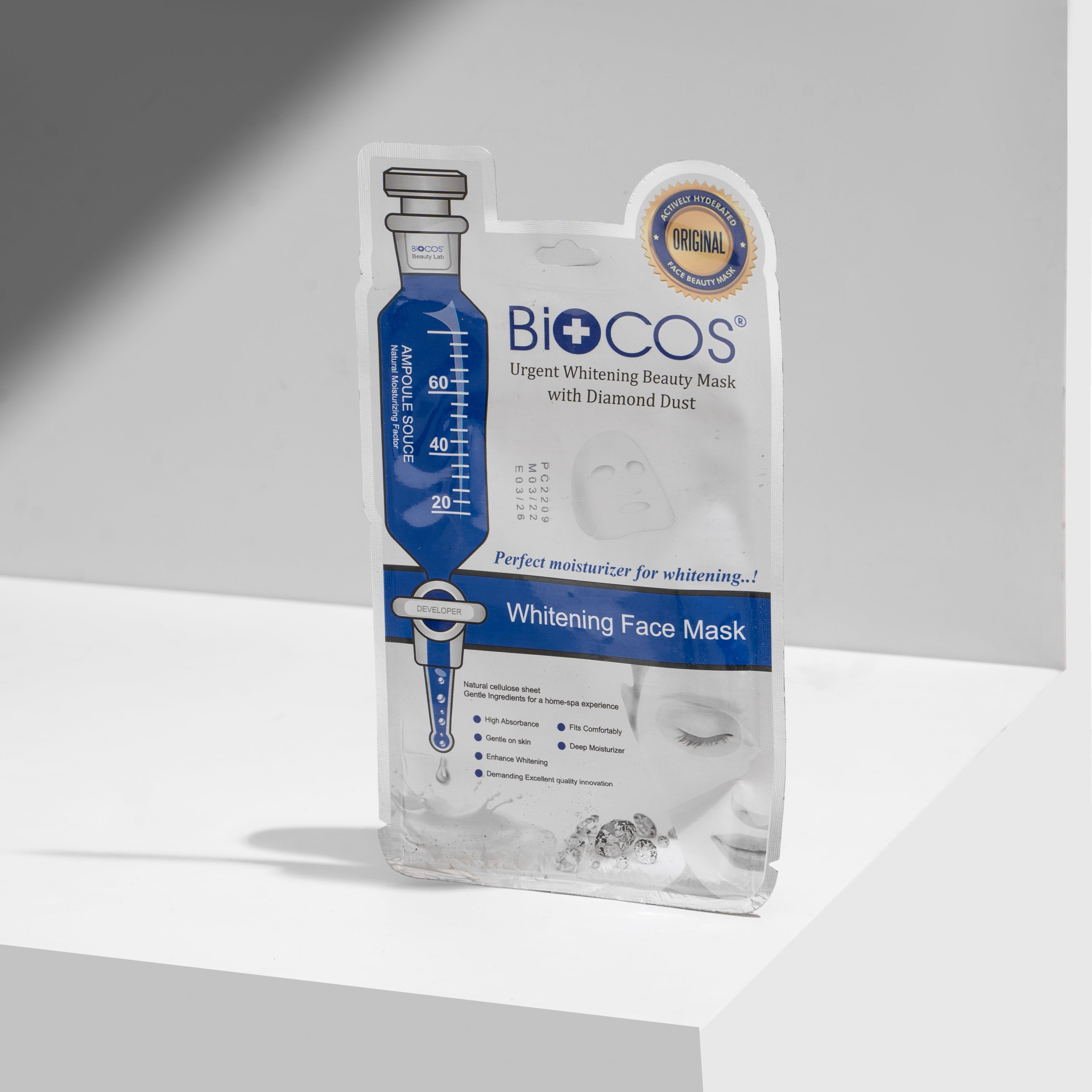 BIOCOS Cosmetics whitening beauty mask sachet with diamond dust, grape extract, and green tea for radiant skin