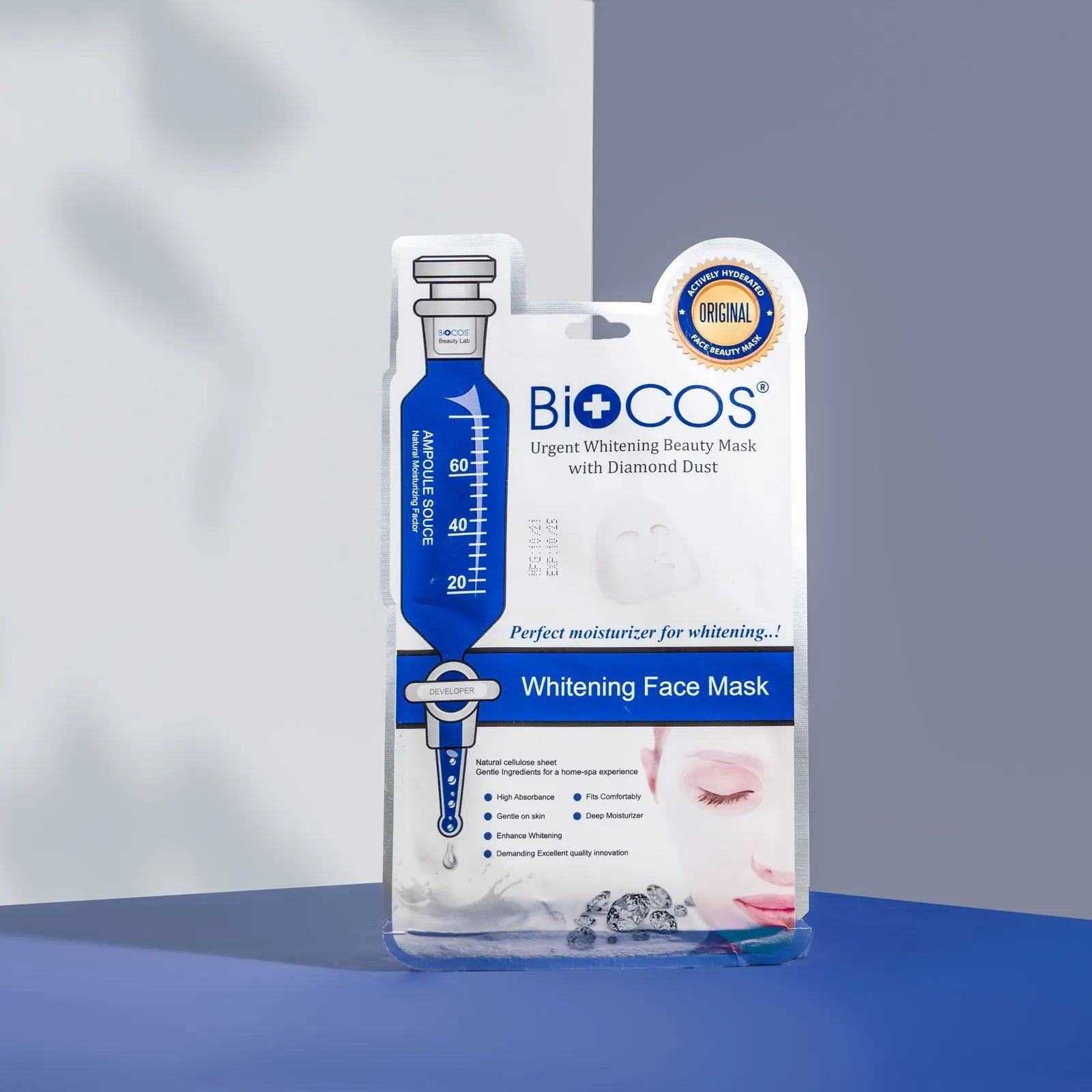 BIOCOS Cosmetics whitening face mask sheet with diamond dust, grape extract, and green tea for radiant skin