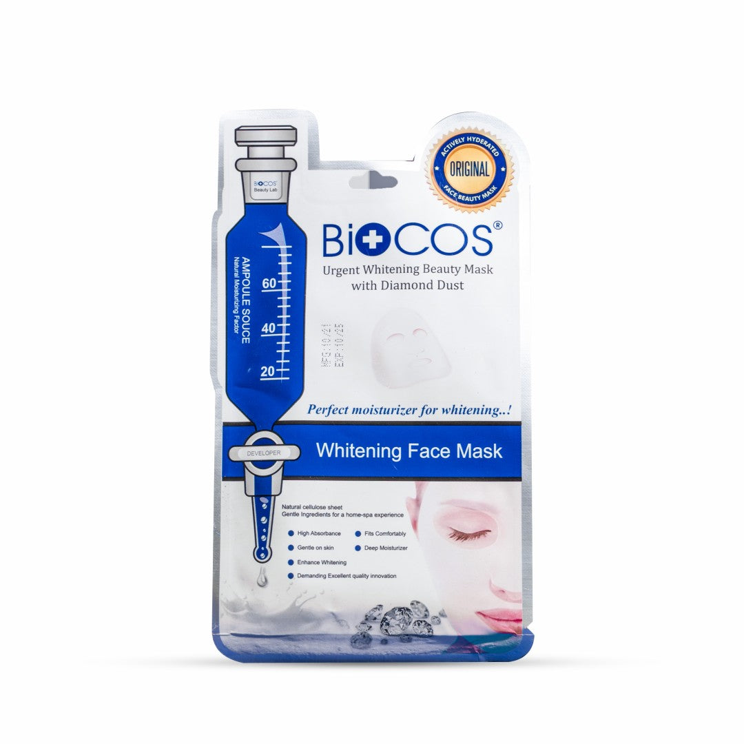 BIOCOS Cosmetics whitening face mask with diamond dust, grape extract, and green tea for deep hydration and radiance.
