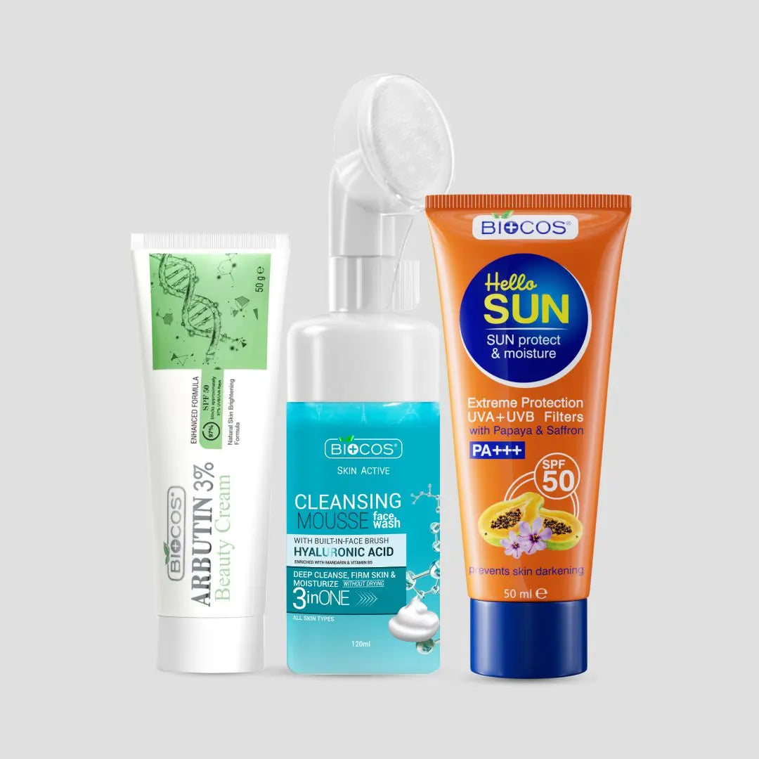 Pigmentation Pro Solution Kit | Arbutin 3% Beauty Cream, Hyaluronic FaceWash Mousse & Sun Block – Brightening, Hydrating, and Protecting for Even Skin Tone & Radiant Complexion