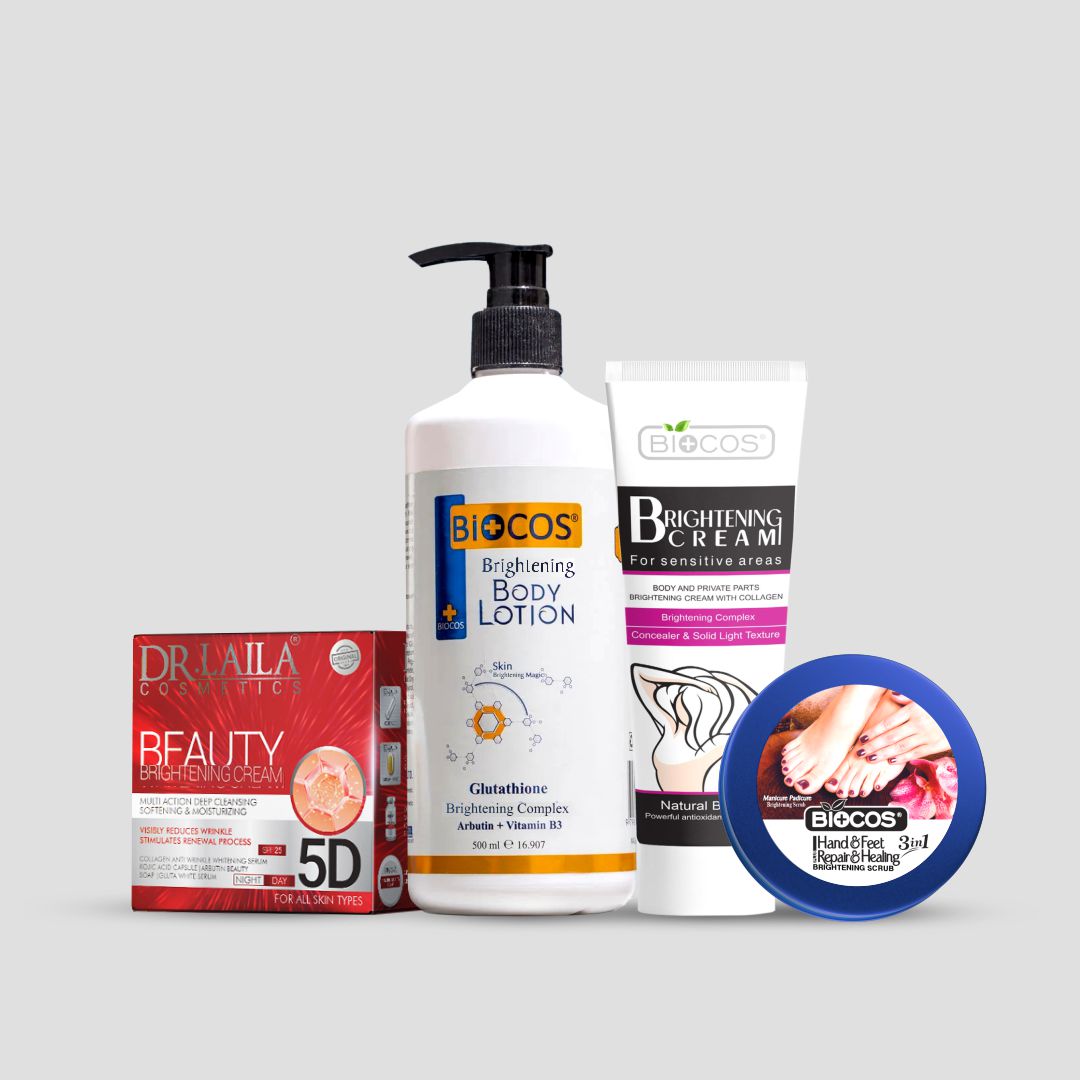 Complete Brightening Bundle | Dr. Laila 5-in-1, Whitening Body Lotion 500ml, Brightening Cream for Sensitive Areas,Hand & Feet Scrub