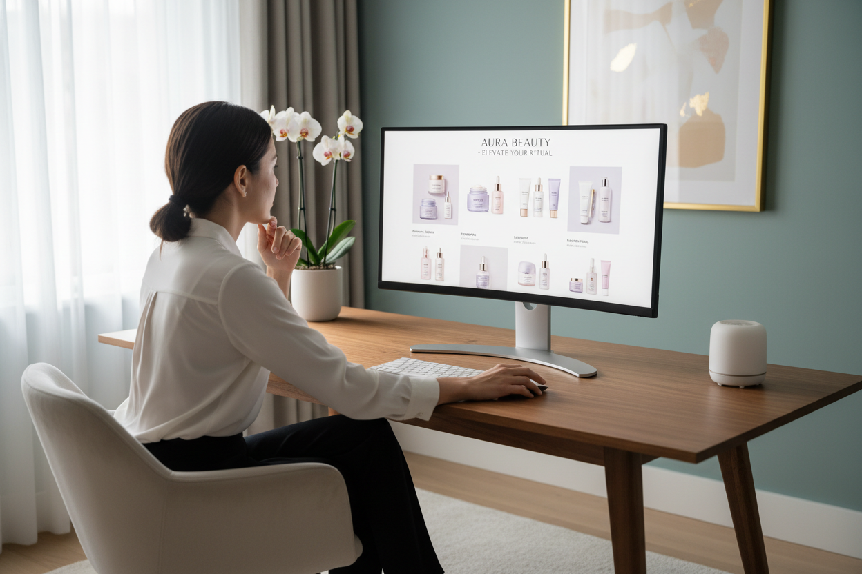 generate an image in which a person is reading the product catalof from desktop