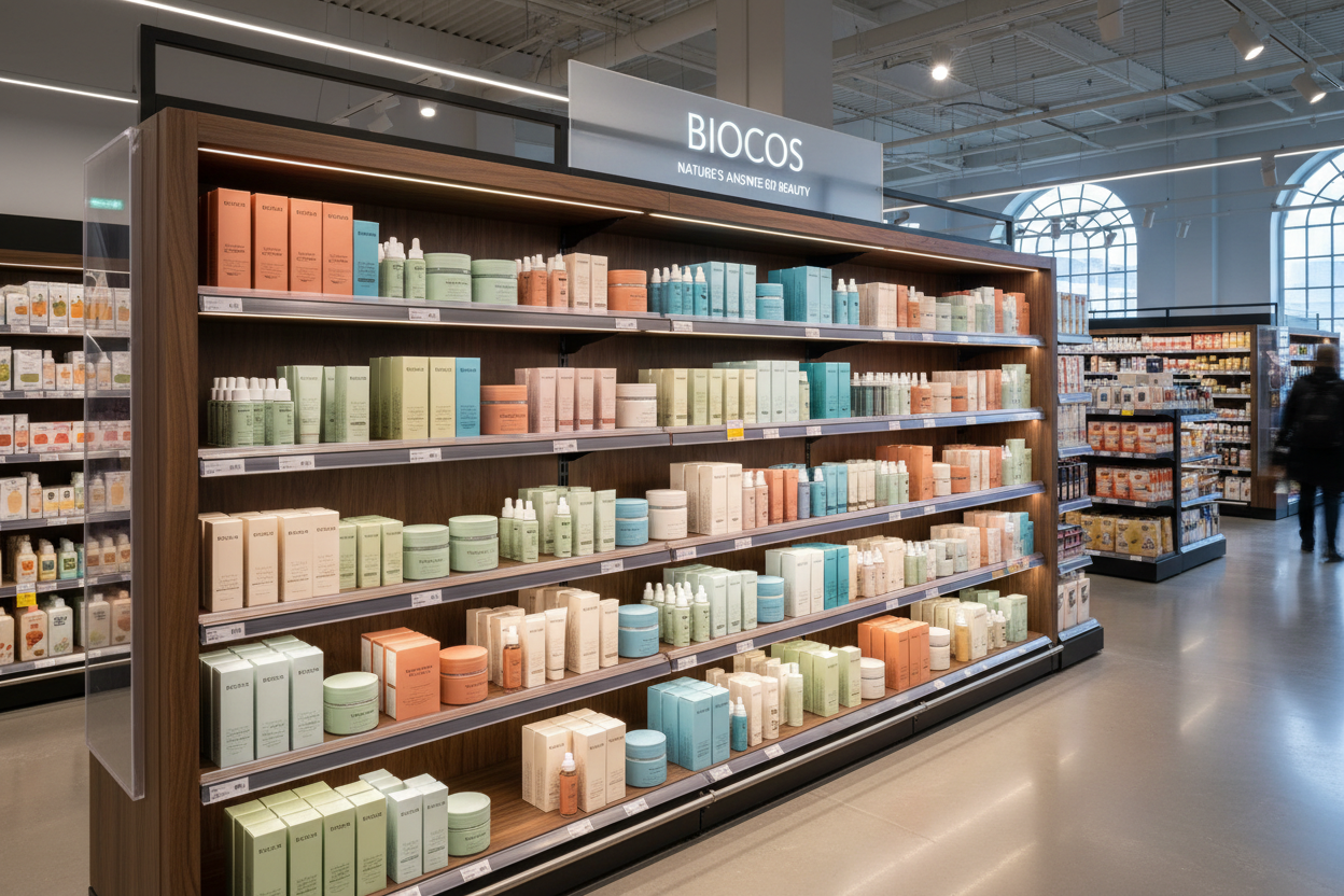 generate an image in which BIOCOS products are set in rack in a superstore 