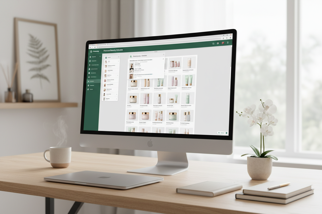generate an image which includes the image of a large screen in which desktop whatsapp is open and a person is sharing the products catalog