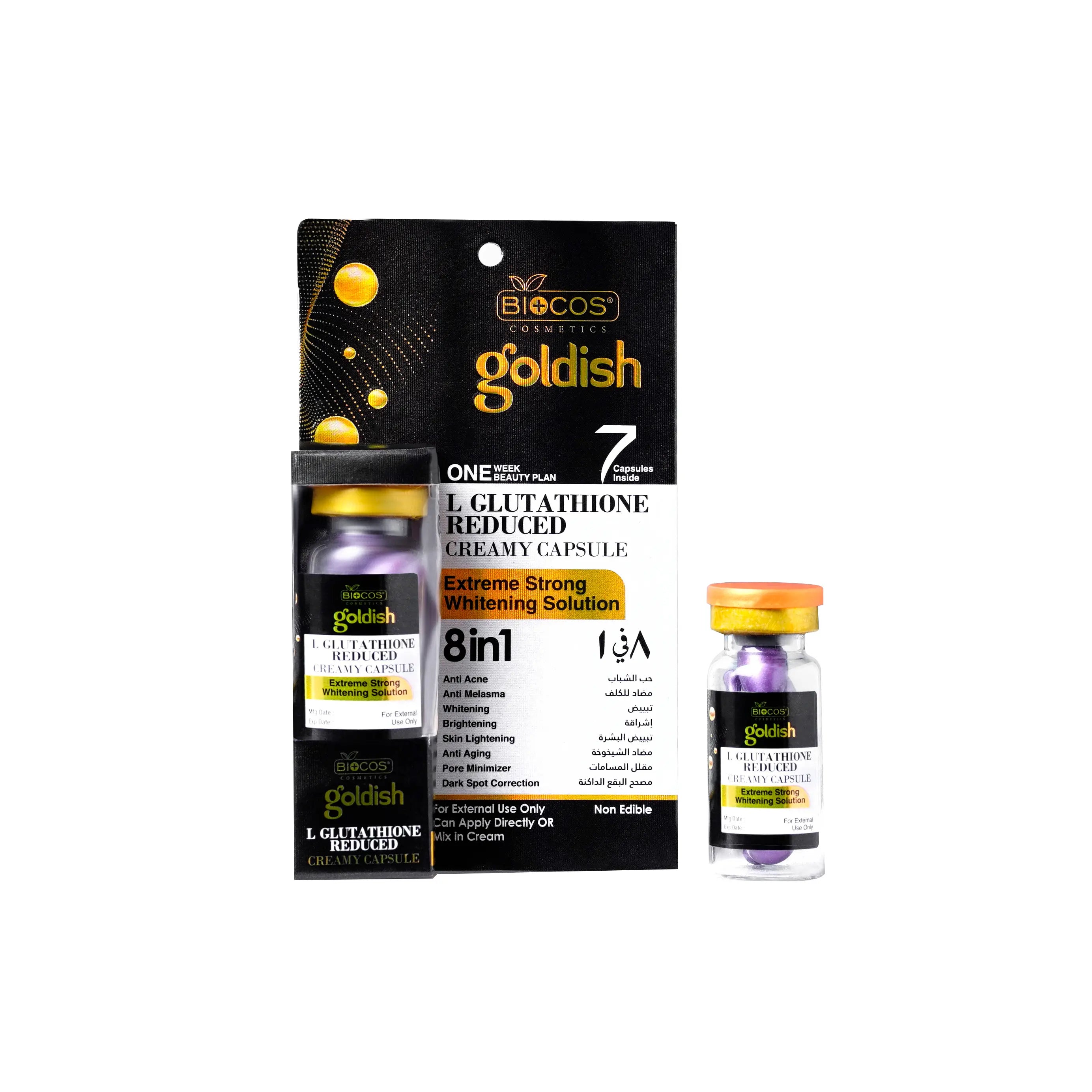 Goldish Creamy Capsule - 8-in-1 Skin Brightening & Anti-Aging Formula, Reduces Melasma, Dark Spots, & Pore Size - L-Glutathione, Kojic Acid, Niacinamide, Alpha-Melight for Radiant Skin - Pack of 2 ,5ml
